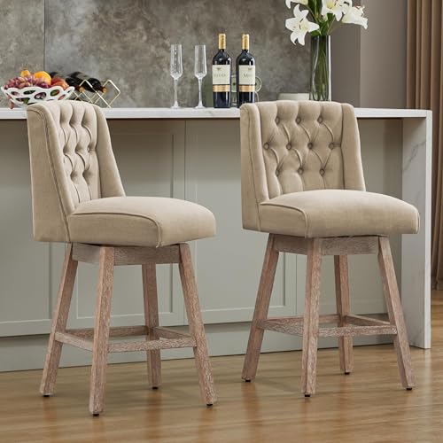 Image of Counter Height Bar Stools Set of 3, 360Swivel Bar Stools with Back and Wood Legs, 26 inch Morden Linen Fabric Upholstered Barstools for Kitchen Island Dining Room Bar