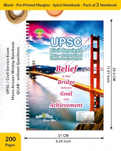 Image of amblitz UPSC Mains Answer Sheet | 200 Pages | Pack of 2 Notebooks | Blank with Pre-Printed Margin for Practice | Spiral Notebook | A4 Size | 70 GSM Thick Paper |