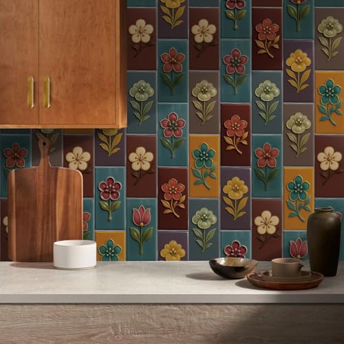 Azulejos Adhesivos Cocina Flores Coloridas Vinilo Cocina Pvc Azulejos Adhesivos Baño Impermeable Baldosas Adhesivas Pared Duradero Revestimiento Pared Baño Vinilo Adhesivo 10.16x20.32cm/48 pcs