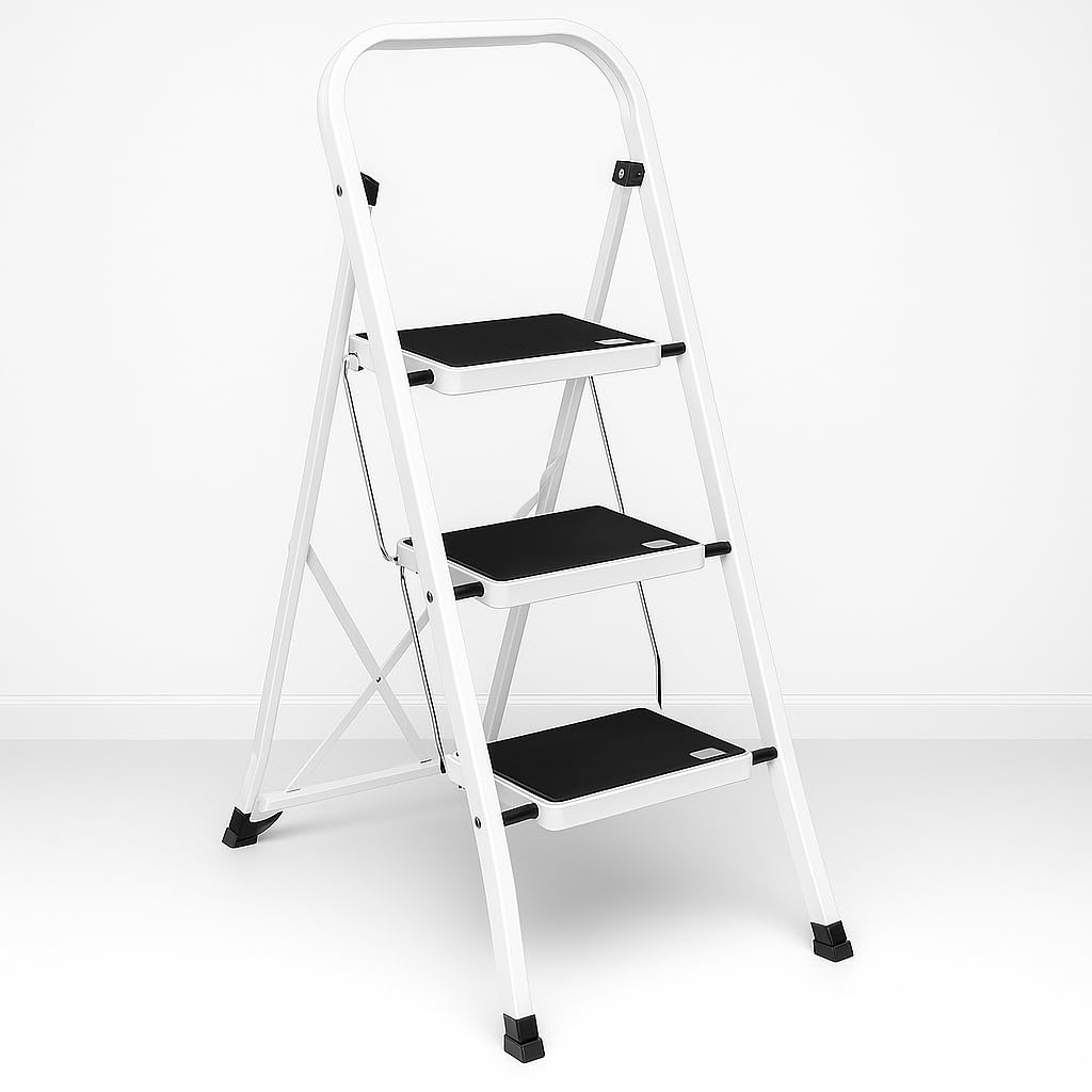 Escalera Plegable de 3 peldaños con Estructura de Acero | Taburete Multifuncional con Superficie Antideslizante y Base Estable | Ligera, portátil y Segura para hogar, Oficina y tareas domésticas