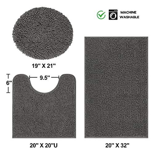 Treetone Chenille Bath Mat 3 Piece Bathroom Rugs Set, 20X20 Inches U-Shape Contoured Toilet Mat & 20X32 Inches Rug & 1 Lid Cover,Soft Water Absorbent Rugs For Tub Shower & Bath Room - Charcoal Gray #TOP1