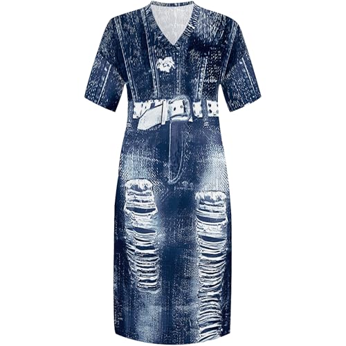 Image of SUZONANA Plus Size Denim Print Shirt Maxi Dresses for Curvy Women Casual Blue Jean Summer Outfits Long Short Sleeve Dress with Pockets Ladies 4XL