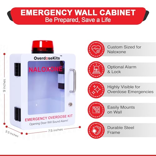 Image of Naloxone Overdose Emergency Kit Cabinet - Includes Optional Alarm and Locking System - Designed for Wall Mount & Public Access (Metal, White)