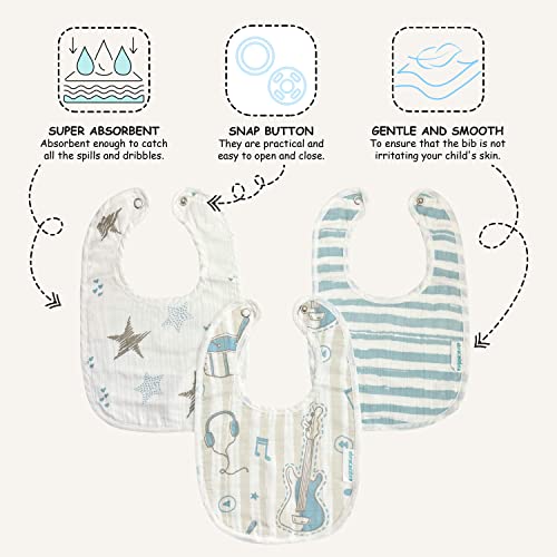 Image of abracadabra Muslin Bibs with Adjustable Snap Button Closure, Super Absorbent, Soft, Comfortable & Lightweight, Set of 3 - Rockstar