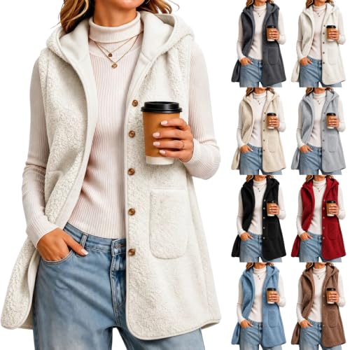 Fleece Vest Women Mid Length Sherpa Vest Hooded Fleece Sleeveless Jacket - image 1
