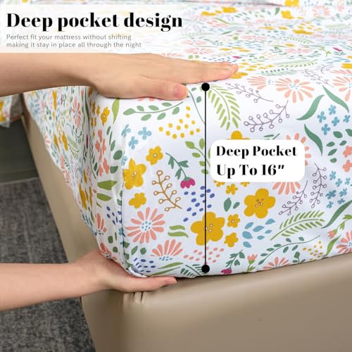 Bedlifes California King Sheet Set Ultra Soft, Breathable, Silky Flower Deep Pocket 100% Microfiber Bedding, 4 Piece Cal King Size Floral