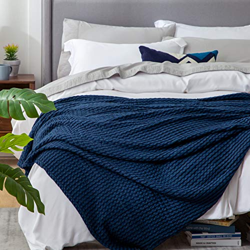Image of Bedsure Cooling Cotton Waffle Twin XL Blanket - Lightweight Breathable Blanket of Rayon Derived from Bamboo for Hot Sleepers, Luxury Throws for Bed, Couch and Sofa, Navy, 66x90 Inches