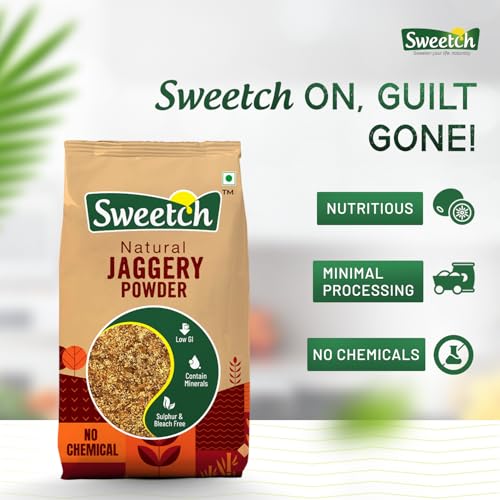 Image of Sweetch Natural Cane Jaggery Powder 1kg | Natural Sweetener | Refined Sugar Alternative contain Minerals, No Chemical, Sulphur & Bleach Free | Gur, Gud Powder for Baking & Cooking (Pack of 2)