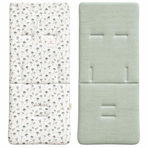 Danielstore Colchoneta Silla Paseo Universal | 80x39cm, 100% algodón | Reversible, transpirable, adaptable, fácil de colocar | Comodidad y protección para bebé (Palmeras)