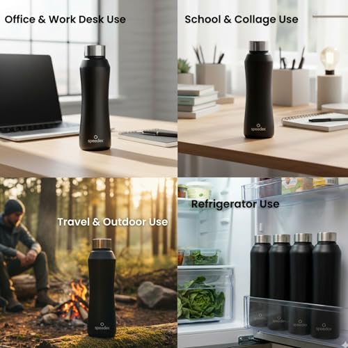 Image of Speedex Stainless Steel Water Bottle 1 Ltr, Leak Proof Screw Cap, BIS Approved 1000 ml Metal Bottle For Daily, Office, School, Gym, Travel Use for Men, Women, Kids, Adults, Black, Set of 4