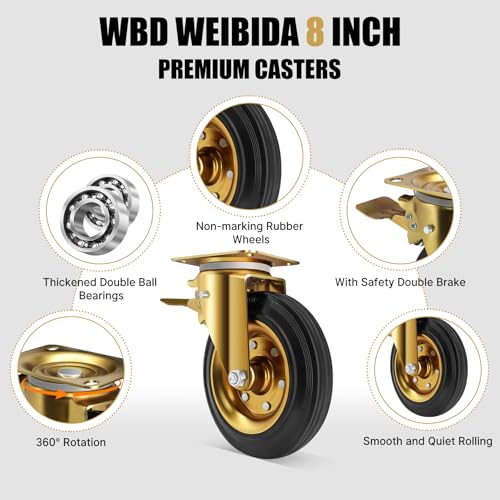 Image of WBD WEIBIDA 8 in Heavy Duty Plate Casters Set of 4, 3200 Lbs Industrial Rubber Wheels for Cart Furniture and Workbench,Outdoor Castors Dual Locking Replacement (4 Brakes, Free Spanner)