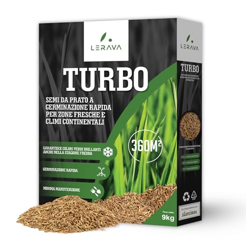 LERAVA TURBO Semi Prato Resistente (360 m²) – Tappeto Erboso a Crescita Rapida – Fine Tessitura, Verde Brillante e Denso – Ideale per Sole e Ombra, Alta Qualità Estetica - Sementi per prato