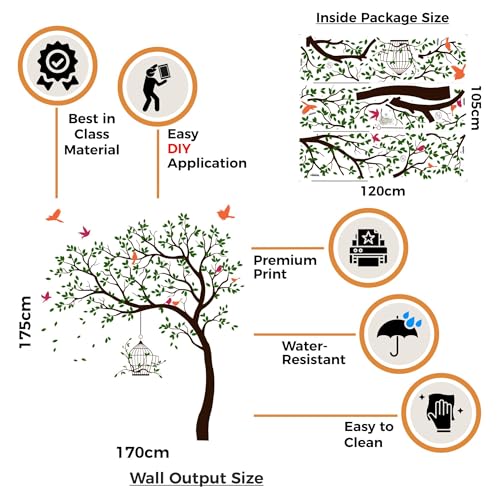 Image of Rawpockets Tree with Birds and Cage Self Adhesive Wall Sticker (Dark Green)-Vinyl