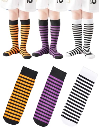 Santgoo Kids Soccer Socks-Toddler Striped Knee High Socks for Girls Boys,Cotton Athletic Baseball Softball Tube Sock 7-10 Years 3 Pairs