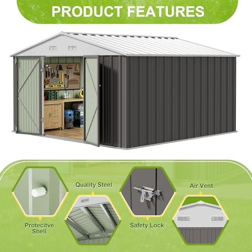 Image of JUMMICO 10 x 10 FT Outdoor Storage Shed, Large Metal Garden Shed & Tool Sheds for Backyard Garden Patio Lawn (Grey)