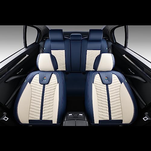 Image of FLORICH Seat Covers for Cars, Seat Covers Full Set 5 Seats, Waterproof Leather Car Seat Covers, Front and Rear Seat Covers, Universal Seat Protector Accessories for Most Vehicles-Blue&White