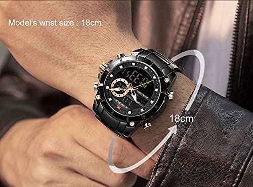 NAVIFORCE Luxury Stainless Steel Analog Digital Watch Waterproof Sports Quartz Multifunctional Wristwatch with Stopwatch Alarm LED Backlight