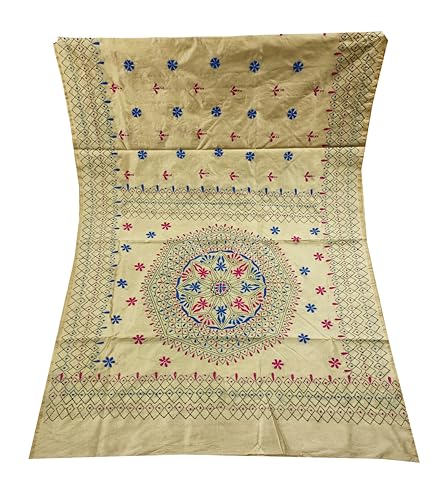 Image of SHRISTI CLOTHINGS Women's Hand Embroidered Cotton Silk Kantha Stitch Saree with Blouse Piece (SB420324 SWD58)