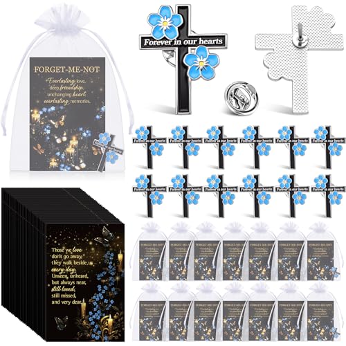 Tondiamo Funeral Favors Forget-Me-Not Cross Pins Set Christian Enamel Pins Poem Cards Organza Bag Favor for Sympathy Guest