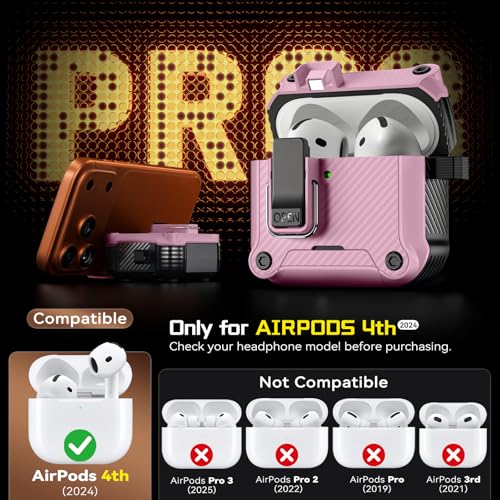 Image of Inesore for AirPods 4 Case with Secure Lock (Pink) | Phone Stand Design,Compatible with MagSafe,Automatic Snap Switch Secure Cover Carbon Fiber Texture with Cleaner Kit
