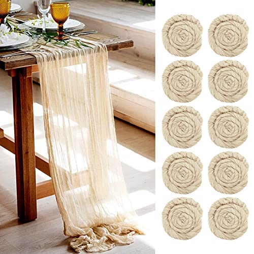 Käsetuch-Tischläufer 10er-Pack, 90 x 400 cm in Beige - Gaze-Tischdecke für Boho, Hochzeit, Brautparty, Geburtstagsfeier, Kuchen und Tischdekoration