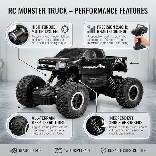 Image of Big Size Rock Crawler Rc 4x4 Car Monster Truck Toy for Boys Girls Kids, Off-Road Vehicle with LED Headlights & Music, Dual Mist Fog Spray Function, Anti-Skid Rubber Tires, Birthday Gift 6121 Black