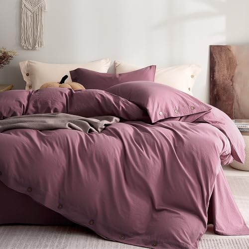 Image of JELLYMONI 100% Washed Cotton Duvet Cover King - Soft, Breathable Linen-Look Bedding with Natural Wrinkle Texture, Button Closure, 3-Piece Set (Deep Rose, 104 inchx90 inch)