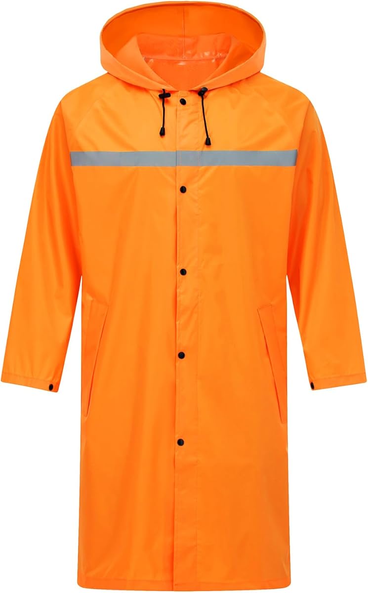 Mens Long Safety Rain Coats with Air Vents Reflective Stripes Waterproof Packable Rain Jacket with Hood Lightweight