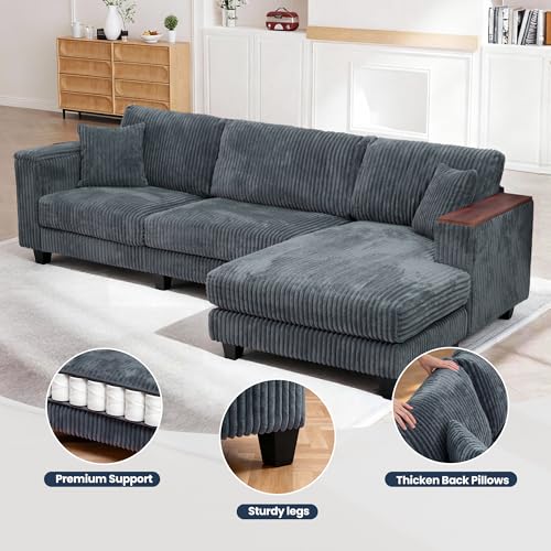 Image of 114.5 inch Corduroy Sectional Sofa with Armrest Storage & Reversible Chaise, Comfy L Shaped Sofa 4 Seat Sectional Couch, Modern Upholstery Couch with Removable Covers, for Living Room, Apartment, Gray