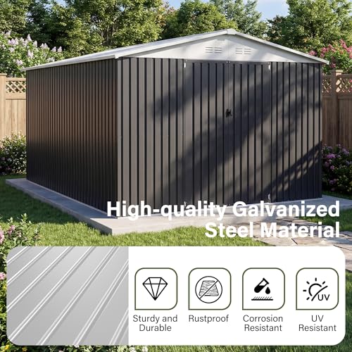 Image of Polar Aurora 10x16 Outdoor Storage Shed, Garden Shed with Updated Frame Structure and Lockable Doors, Metal Tool Sheds for Backyard Garden Patio Lawn, White