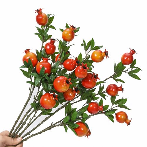 DuHouse 3 ramas artificiales de granada, tallos de granada sintética de 66 cm, ramas de plantas de vegetación falsos realistas para decoración del hogar, oficina, cocina, fiesta