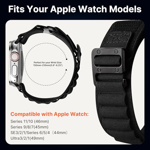 Image of Fullmosa Nylon Alpine Loop Strap for Apple Watch 49 46 45 44 42mm, Black | Compatible with iWatch Ultra3 /2 /1, SE3 /2 /1, Series 11 /10 /9 /8 /7 /6 /5 /4 /3 /2 /1, G-style Hook, Sport Band for Men
