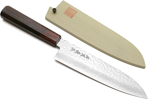 Miniatura 1 de Yoshihiro NSW - Cuchillo de chef multiusos japonés de 46 capas de Damasco martillado Santoku de 7 pulgadas con funda de magnolia y saya natural