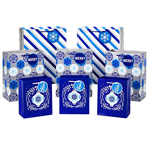 Hallmark Holiday Gift Bag Assortment, Blue and Silver (Pack of 8 Gift Bags; 3 Small 6