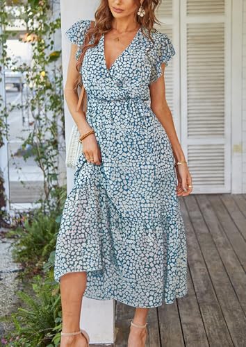 PRETTYGARDEN Women's Summer Floral Boho Maxi Dress Wrap Short Sleeve V Neck Ruffle A-Line Flowy Wedding Guest Long Dresses