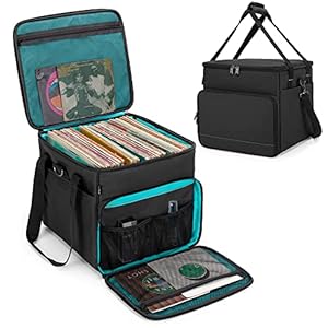 LoDrid Vinyl Record Carrying Bag with Bottom Padded Pad, Album Storage Case with 2 Detachable Dividers Holds up to 60 LP Records, for Travel and Collection, Patented Design, Bag Only, Black