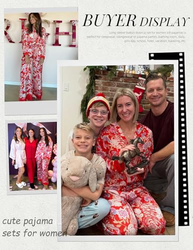 Image of Arssm Satin Pajama Set for Women Silk Pajamas Set 2 Piece Floral Pj Set Long Sleeve Button Down Pjs Sleepwear