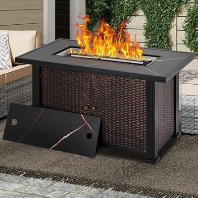 GarveeLife 44 Inch Propane Fire Pit, CSA-Listed Outdoor Gas Fire Pit Rectangular Tabletop with Lid, 50,000 BTU Steel FireTable with Rain Cover Glass Wind for Outside Patio Yard Balcony, Brown