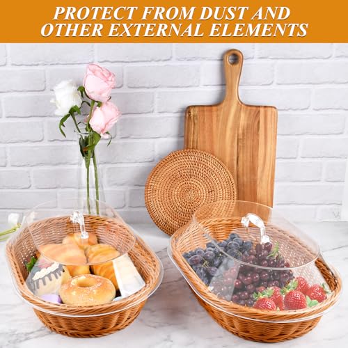 Milkary 2 Pack Wicker Bread Food Basket with Acrylic Lid, Imitation Rattan Bread Basket, Bread Baskets for Serving Oval Woven Fruit Basket with Cover for Food Vegetables Display(13.78x9.84x5.91 In)