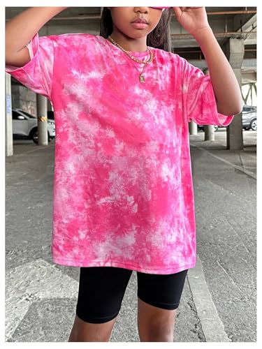 Image of SHENHE Girl's Letter Graphic Tie Dye Tshirts Plaid Crewneck Short Sleeve Loose Tee Top Pink 12Y