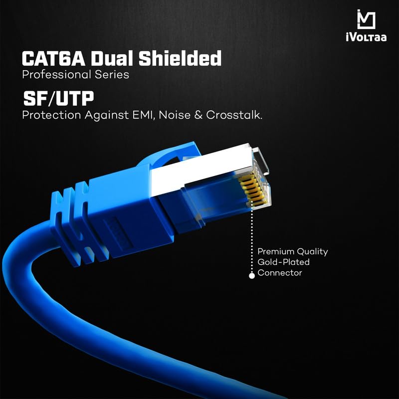 Image of iVoltaa Ethernet Cable CAT6A Cable Dual Shielded (SF /UTP), 100% Copper, Professional Series - 10 Gbps LAN Network /High Speed Internet Cable, 550MHZ, Blue - 0.5 feet (15 cm)