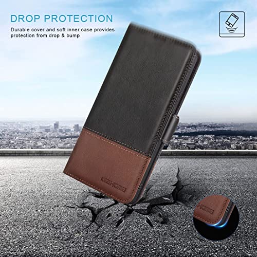 Kezihome Case For Google Pixel 6 Pro, [Rfid Blocking] Genuine Leather Wallet Case With Card Slots Stand Flip Phone Cover For Google Pixel 6 Pro 5G (2021) (Black/Brown) #TOP5