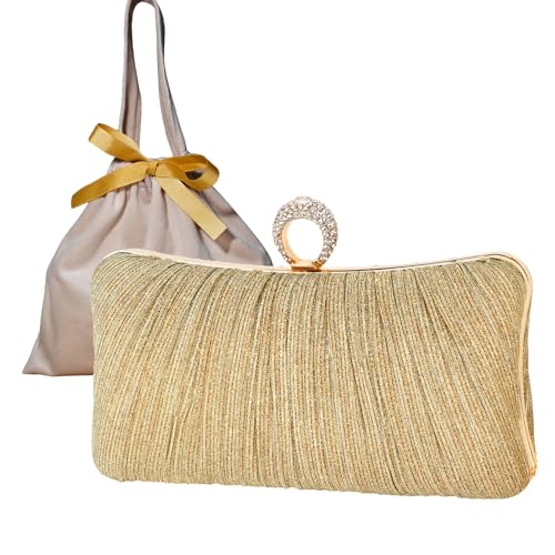 Image of Womens Golden Glitter Clutch Purse Pleated Evening Bag for Bridal Wedding Party with Rhinestone Ring