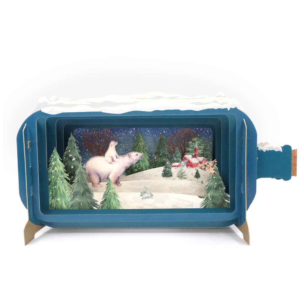 Message In A Bottle Polar Bears In The Snow Pop Up Christmas Card By Alljoy Card XMIB063, Multicolor, 24cm x 15cm