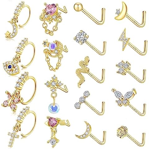 FIRAZIO 18Pcs 20G Dangle Nose Rings for Women Surgical Steel L Shape Nose Stud Rings Cute Flower Butterfly Heart Evil Eye Opal CZ Dangling Nose Piercing Jewelry Cover
