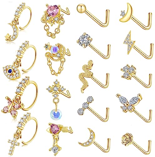 FIRAZIO 18Pcs 20G Dangle Nose Rings for Women Surgical Steel L Shape Nose Stud Rings Cute Flower Butterfly Heart Evil Eye Opal CZ Dangling Nose Piercing Jewelry