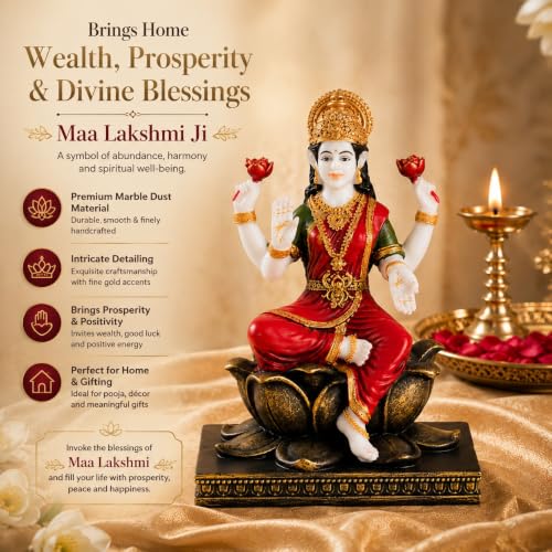 Image of ARMONIA Laxmi MATA Idol with Lotus Throne and Golden Crown | Mahalakshmi Devi Murti for Home, Mandir,Office Desk,Varalakshmi Vratam,Spiritual Decoration,Best Spiritual Gift for Wedding & Housewarming
