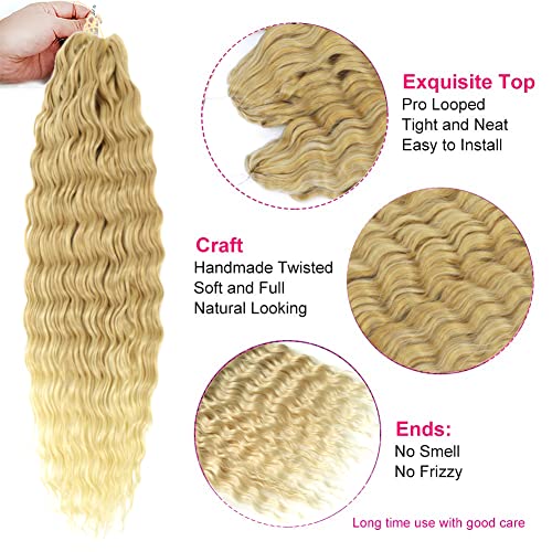 PORSMEER 3 Packs 22 Inch Synthetic Ocean Wave Hair Bundles - Blonde/Light Blonde for Women - Deep Wave, Curly Braiding Hair Extension - Image 3