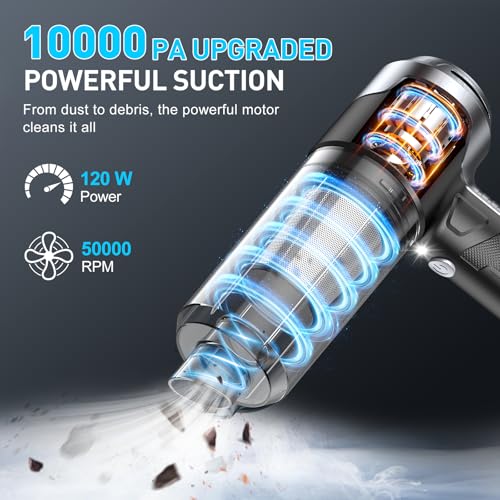 Image of KMM Handheld Car Vacuum Cleaner, 10000PA Hand Held Vacuum & Air Duster | 120W High Power, Portable Cordless, Rechargeable with Multi-Nozzles & LED Light for Home, Car, Office