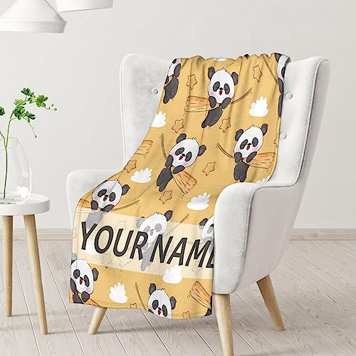 Personalized Panda Blanket Gifts with Name - 50"x60" Cute Throw Blanket for Kids, Adults - Yellow Soft Fuzzy Blankets for Bed, Couch & Living Room